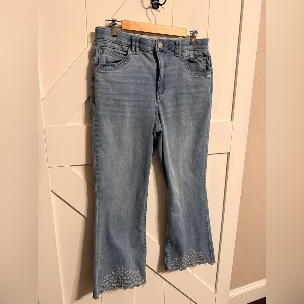 Democracy AB Technology Size 12 Light Blue Flare Denim
Embroidered Bottom